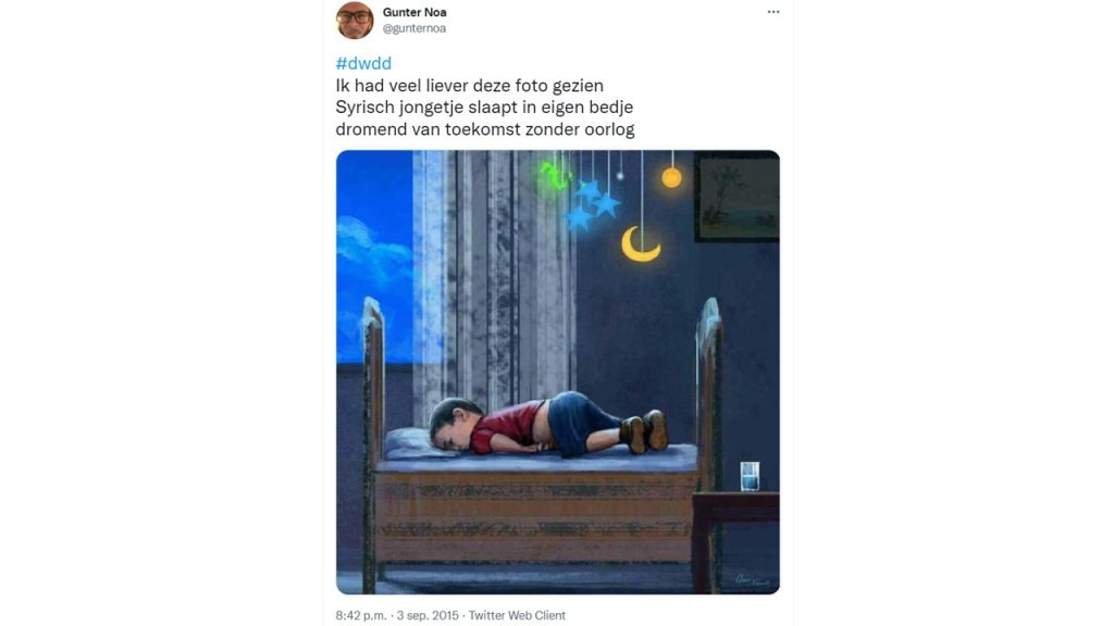 Screenshot van een tweet waarin het Syrische jongetje Alan Kurdi, dat dood aanspoelde op een Grieks strand, is afgebeeld alsof hij in een bed ligt te slapen.