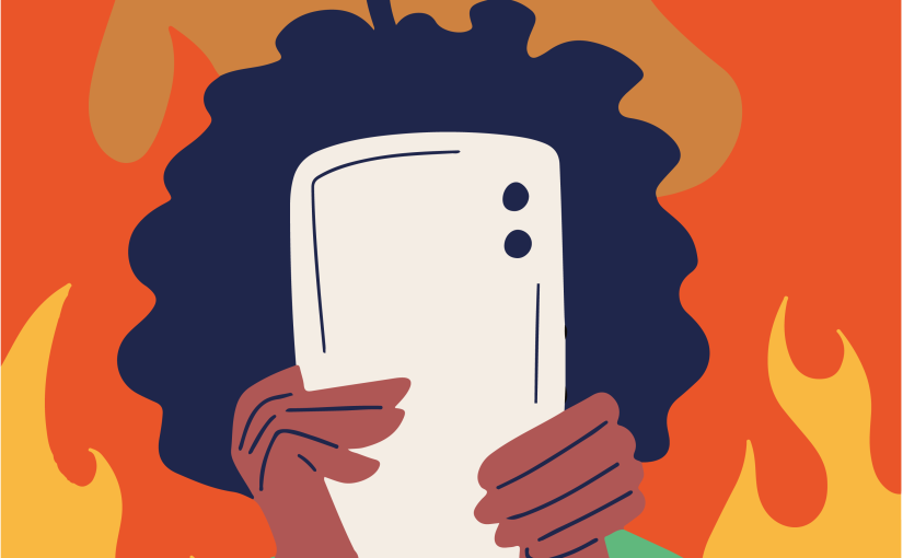 Afbeelding van een persoon achter een smartphone scherm